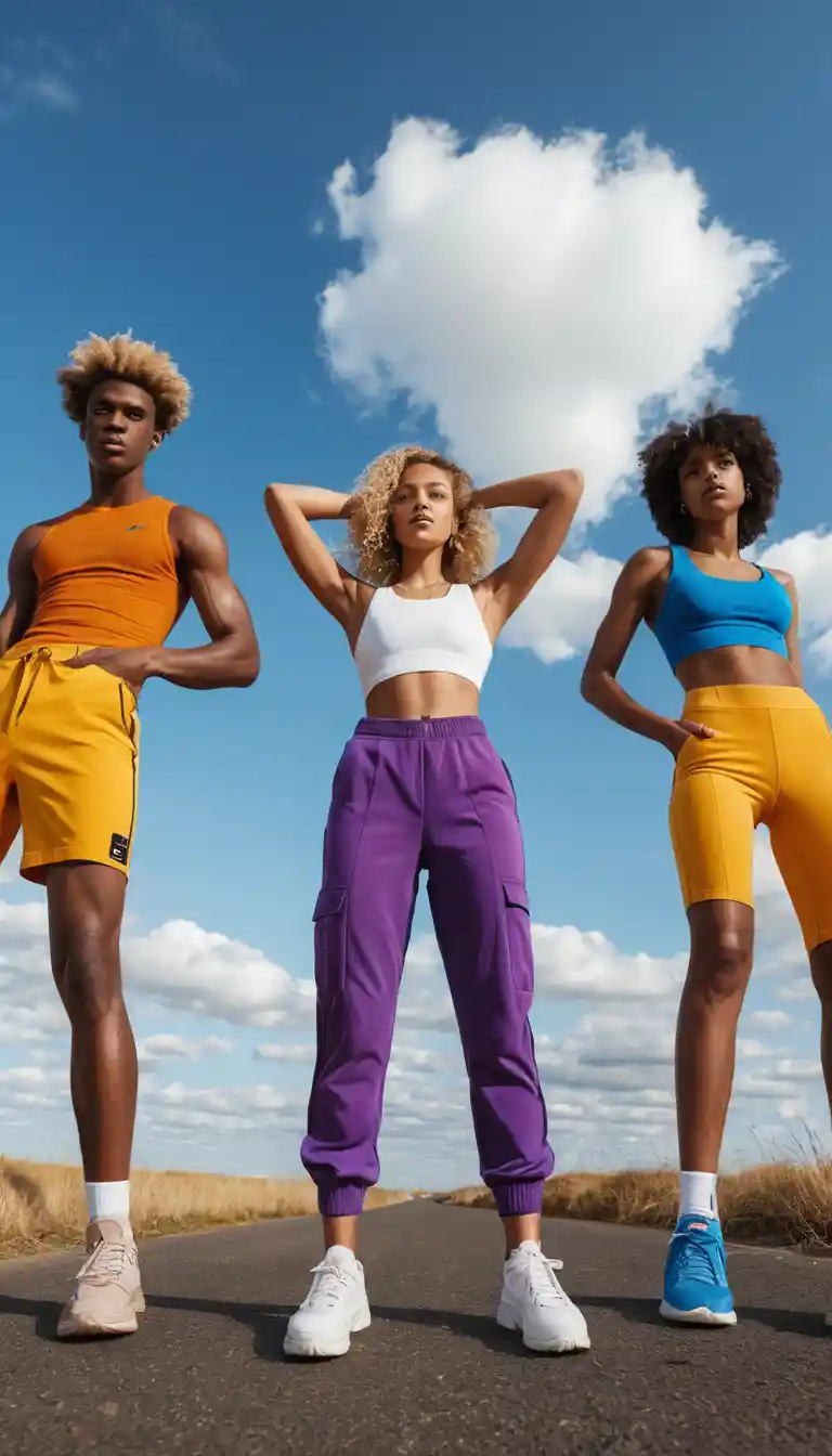 Group of young models in bold purple sportswear
