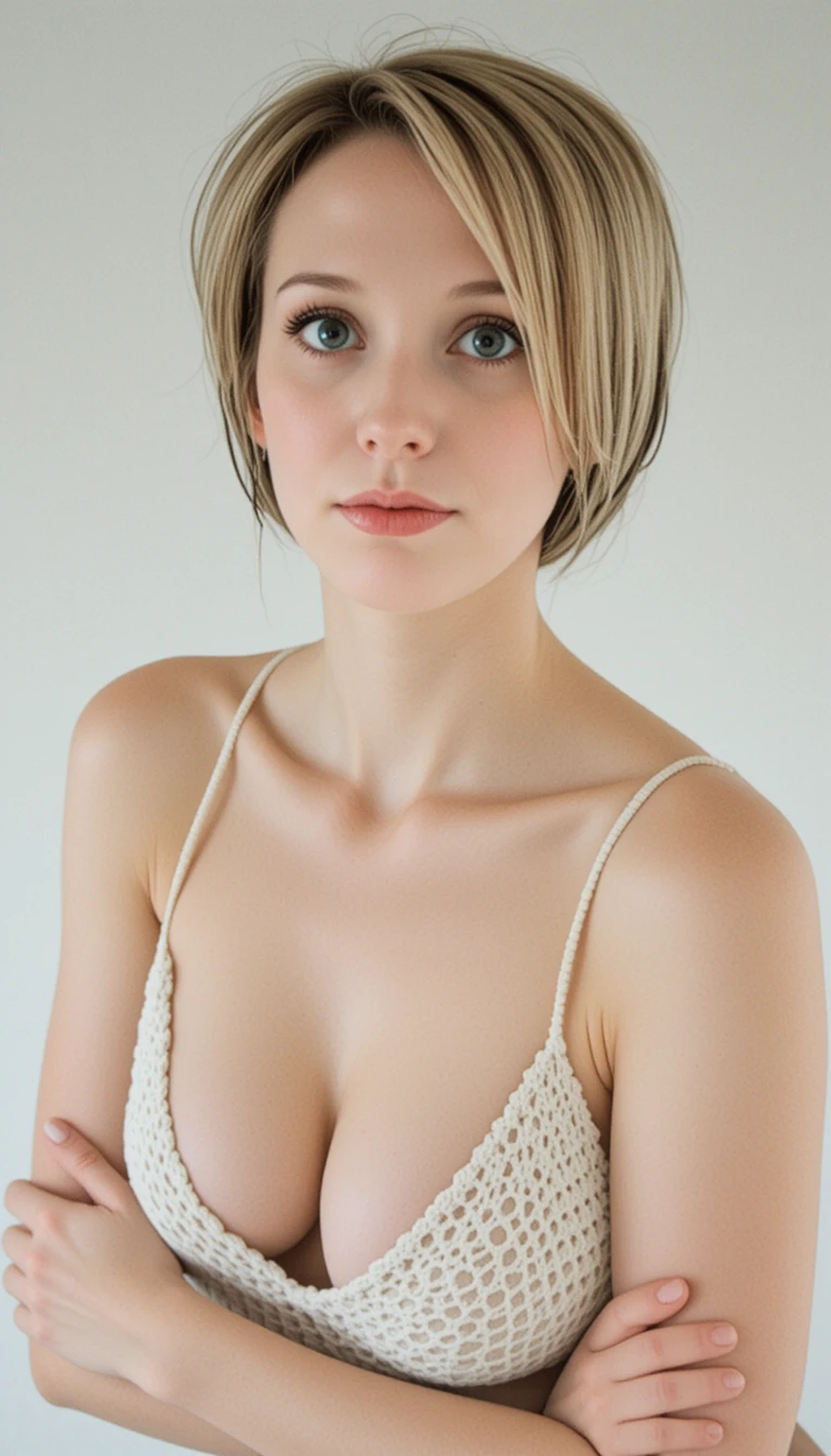 Jeune femme blonde en top dos-nu au crochet penchée en avant