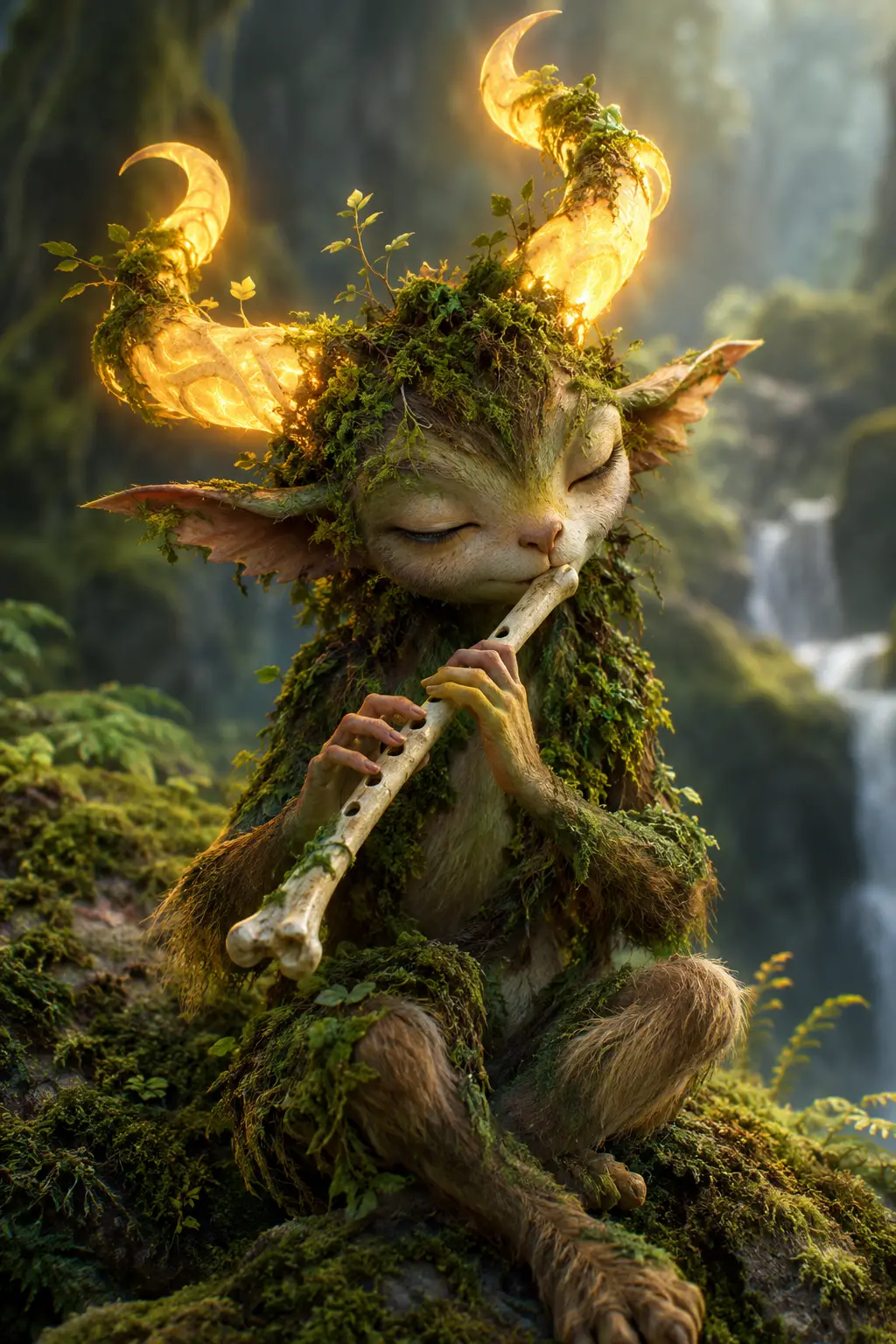 Fantasy creature with glowing horns playing a bone flute