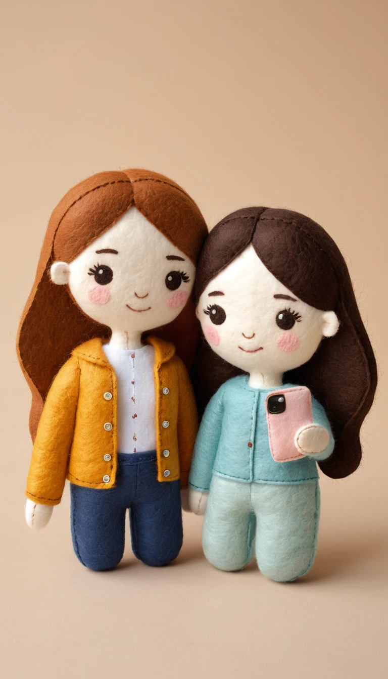 Two felt toy girls taking a cute selfie together