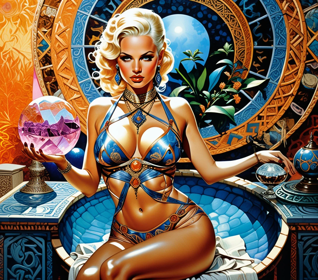 Mujer de fantasía seductora estudiando un cristal mágico brillante