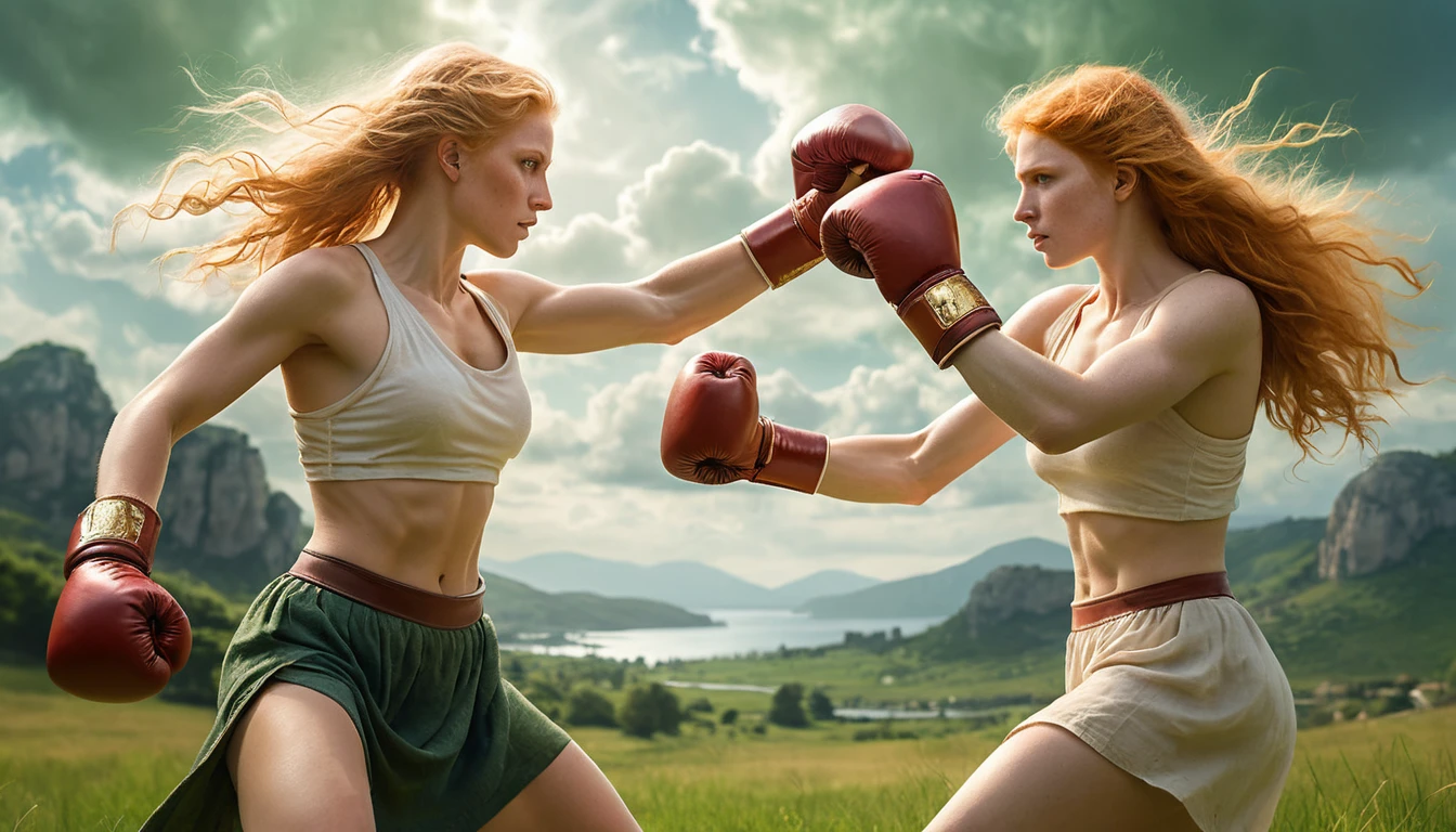 Dos mujeres con taparrabos en un duelo de boxeo en el prado