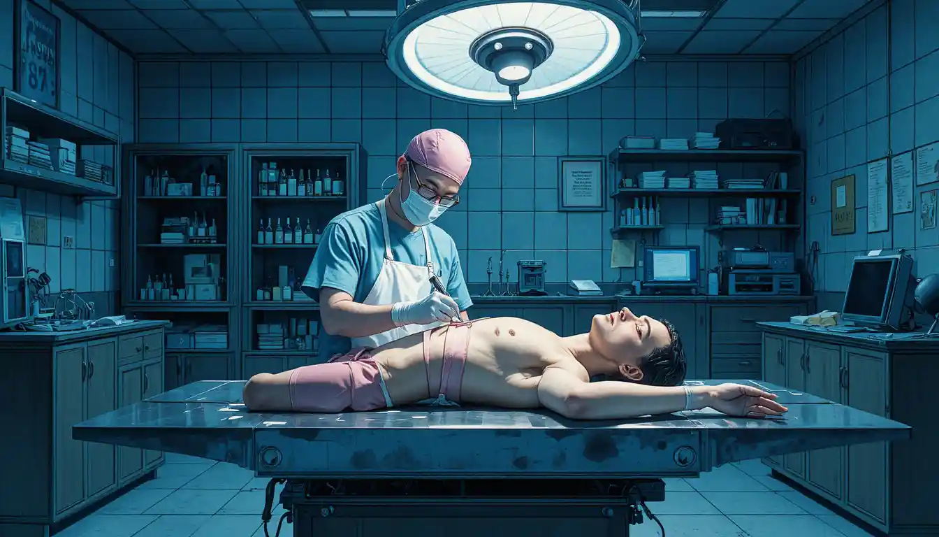 Forensic pathologist examining cadaver under bright surgical lamp