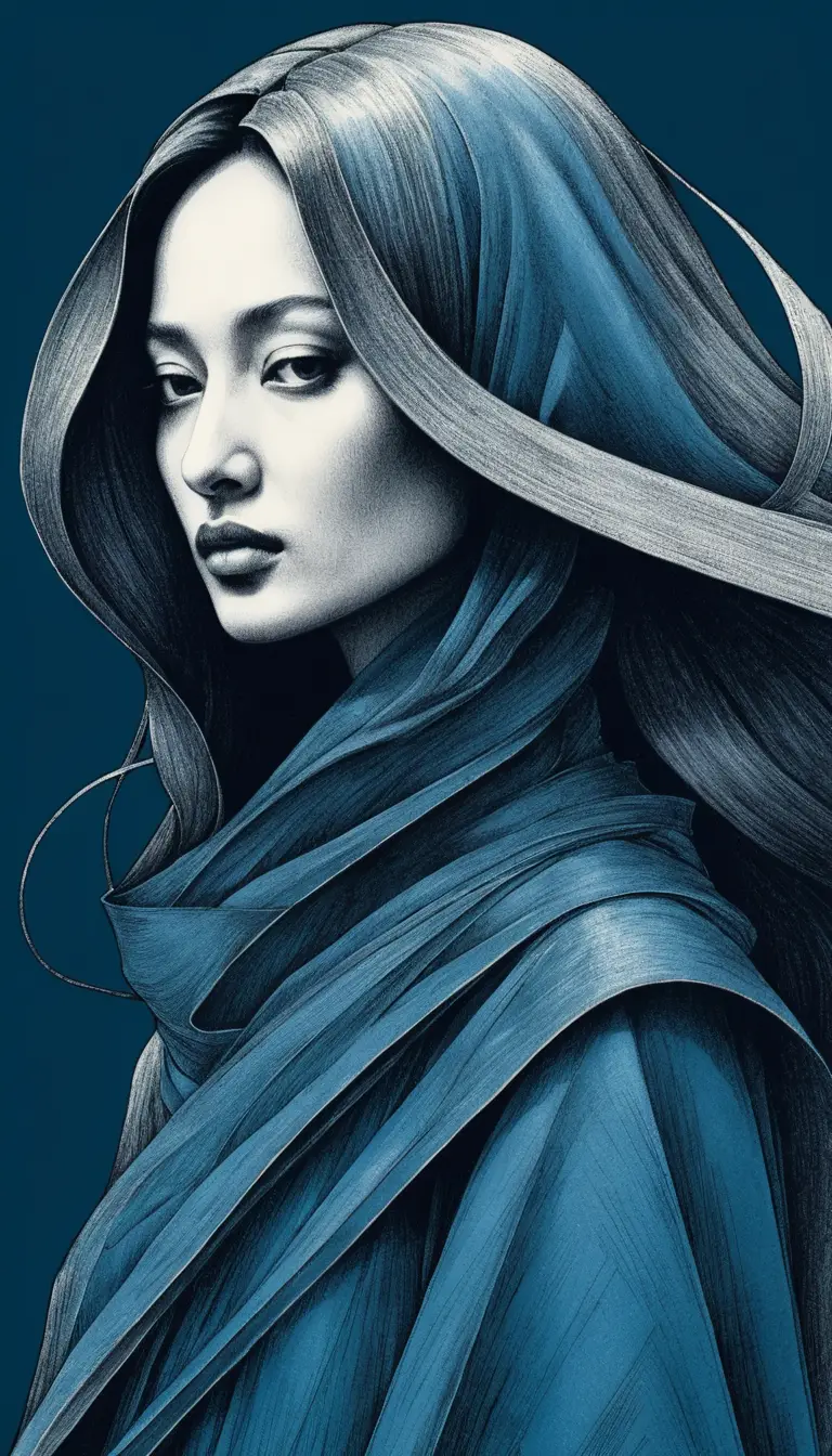 Dynamic close up fashion drawing of a futuristic woman