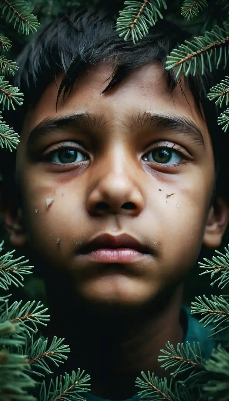 Doppia esposizione surreale di un ragazzo con volto-bosco