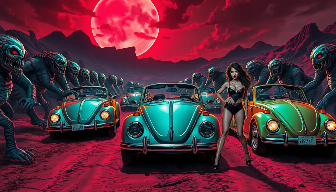 Mujeres surrealistas se enfrentan a monstruos en una carretera de ensueño neón