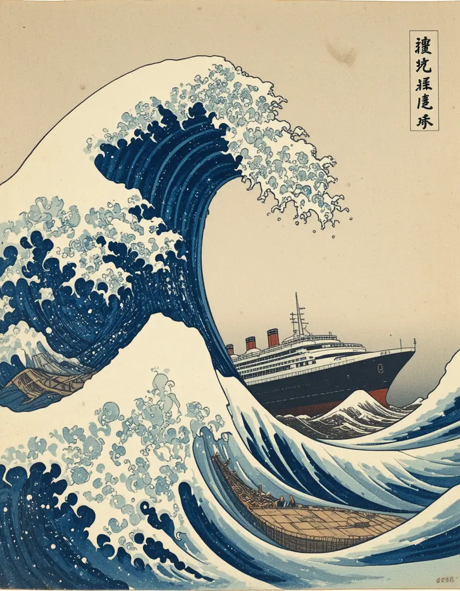 Huge curling ocean wave towering over a modern cruise ship