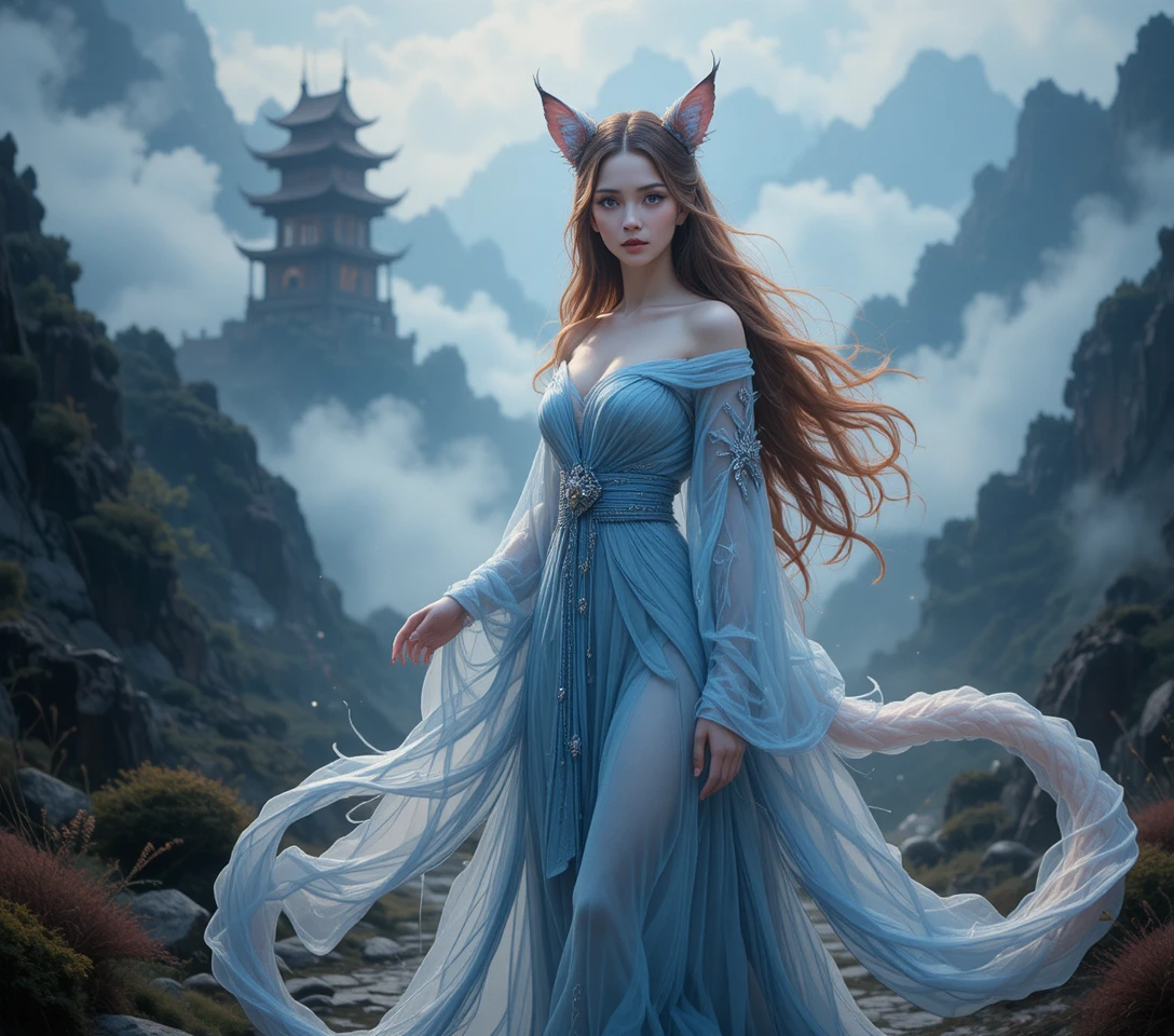 Mística mujer tigresa con hanfu azul en sendero montañoso brumoso