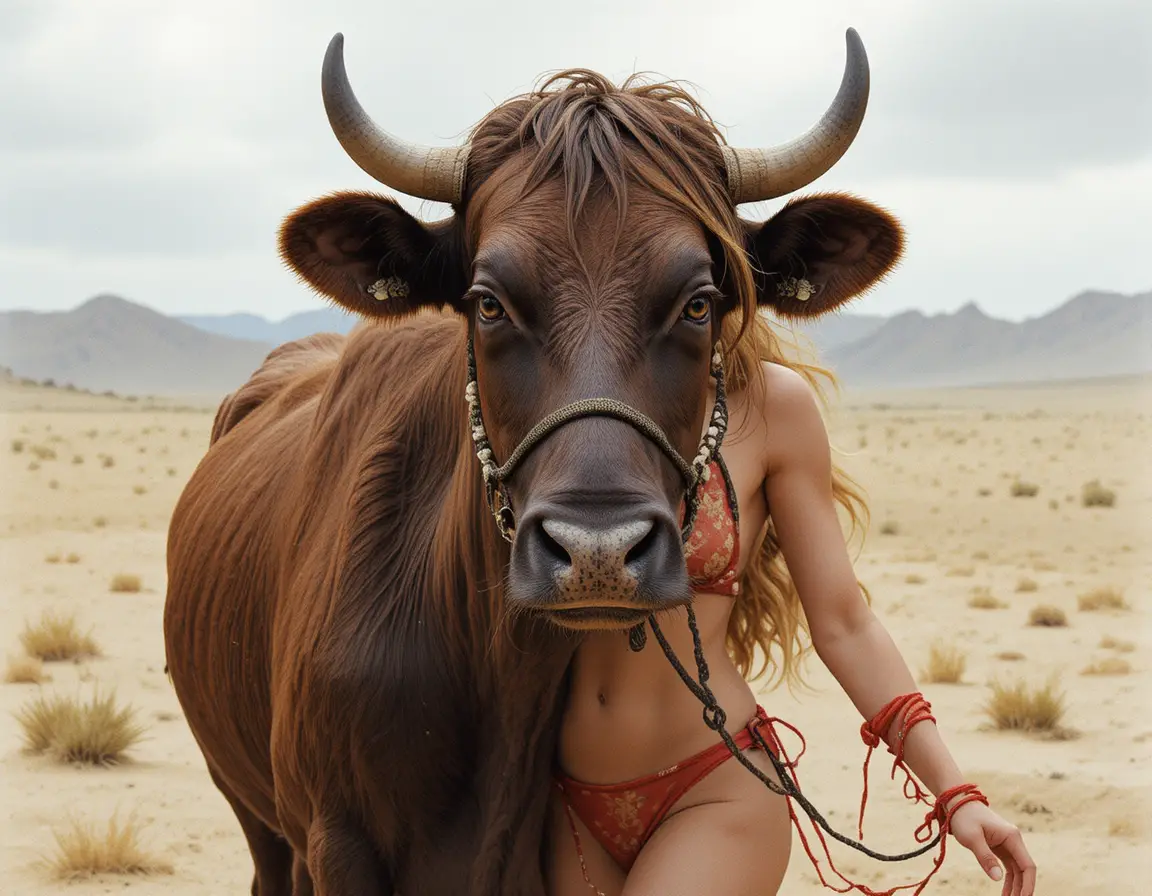 Gros plan d’une vache brune dans un paysage désertique