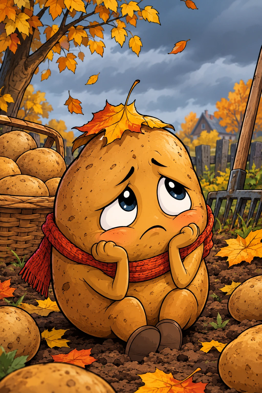 Cartoon potato with sad eyes in classic comic illustration