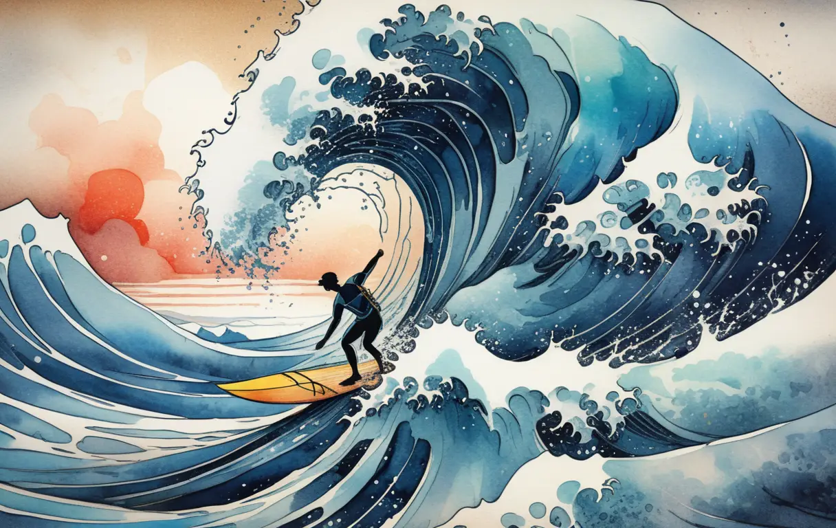 Surfer Riding A Giant Wave In Japanese Woodblock Style