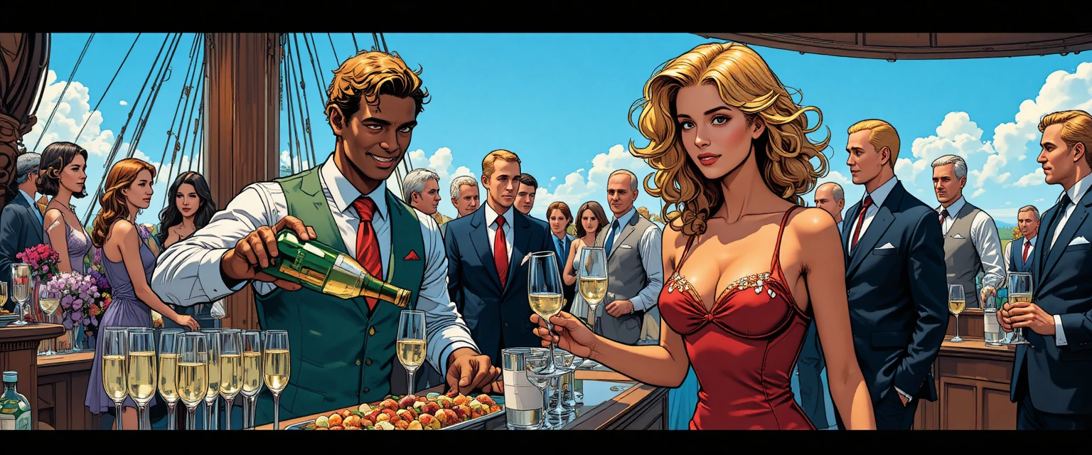 Bartender Pouring Champagne At A Stylish Comic Cocktail Party