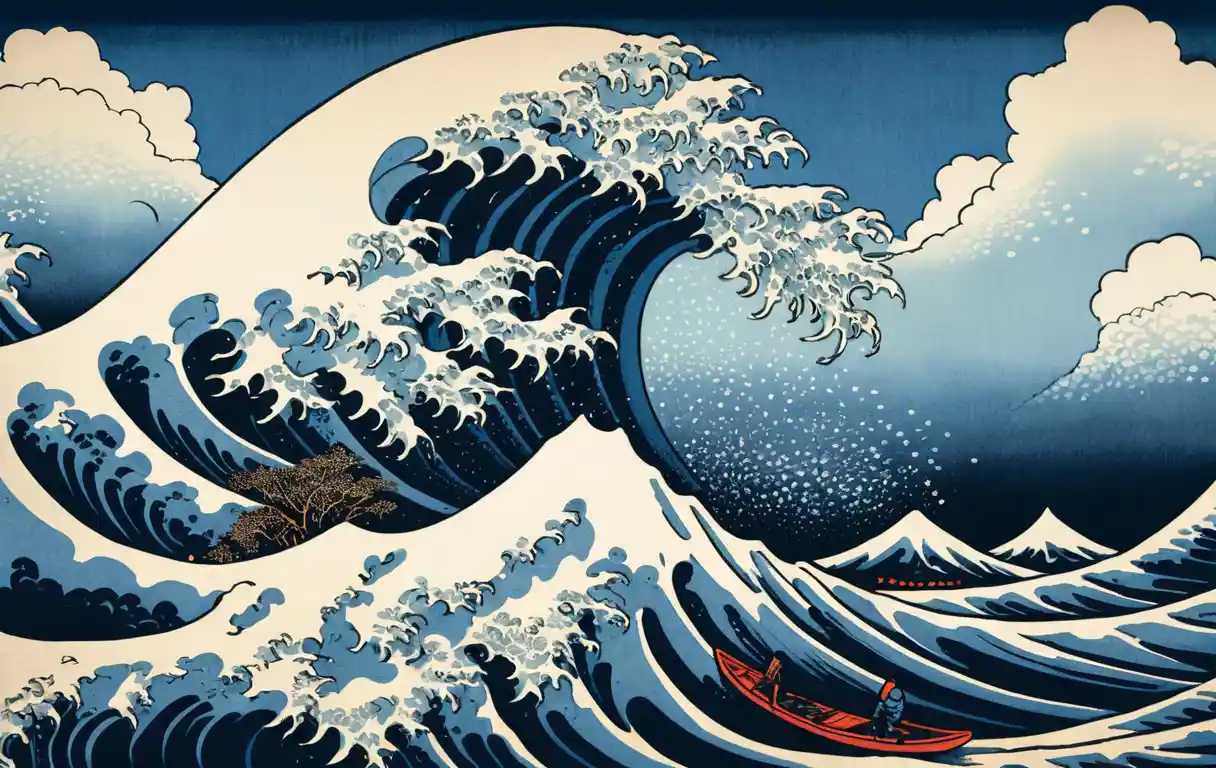 Surfista em uma onda colossal no estilo de xilogravura japonesa