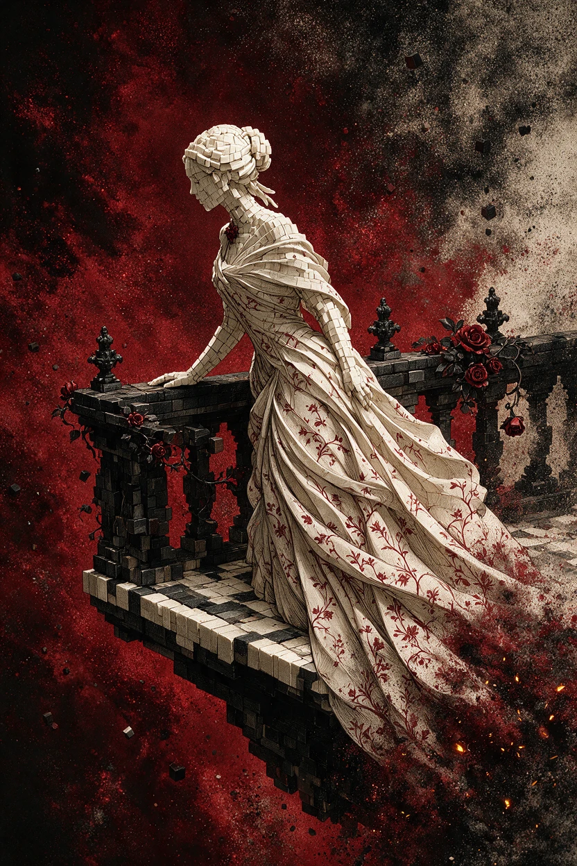 Surreal ivory block woman on a floating balcony