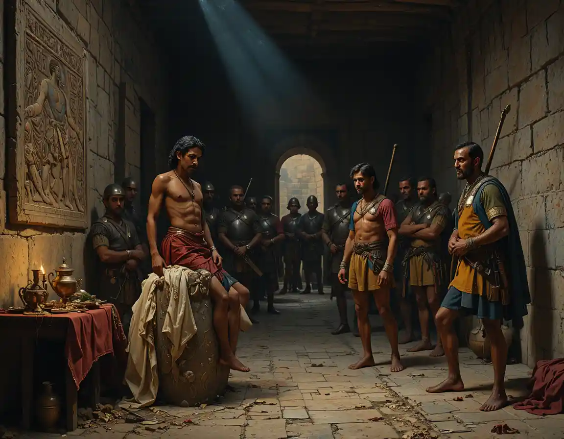 Defiant indigenous prisoner in a dark stone chamber