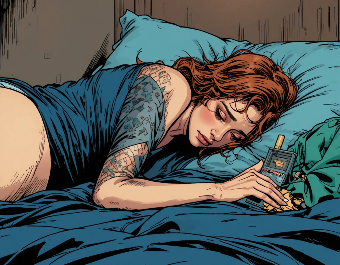 Mujer descansando en la cama con un buscapersonas en ilustración tipo cómic