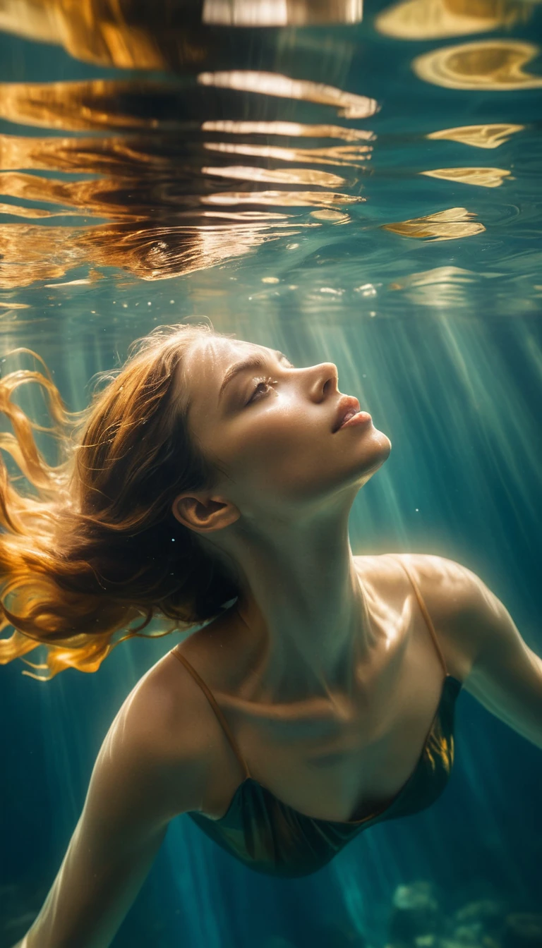 Woman Floating Peacefully Underwater Near Sunlit Surface