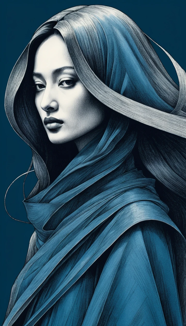 Desenho de moda dinâmico em close de uma mulher futurista