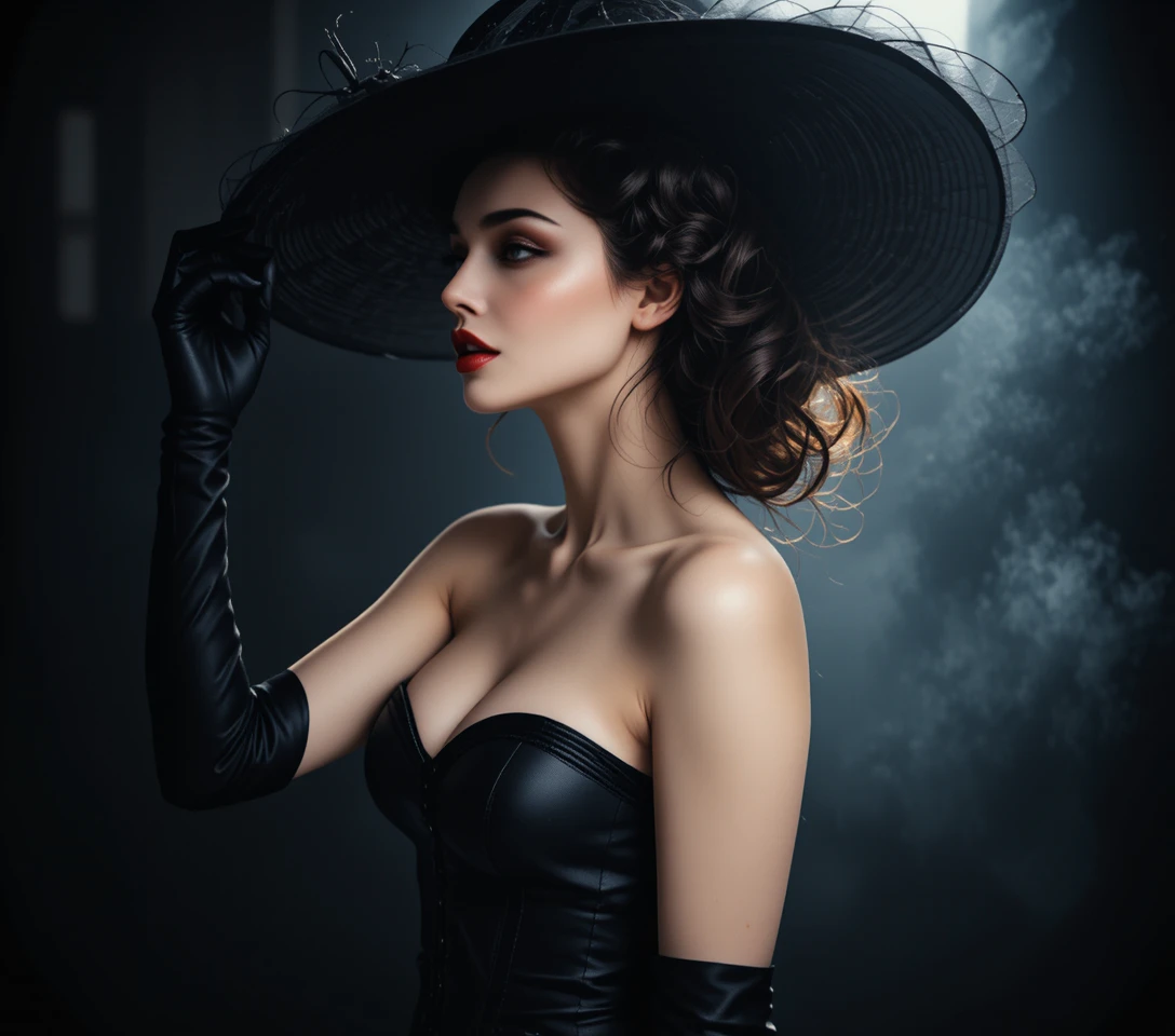 Elegant woman in black hat with dramatic chiaroscuro lighting