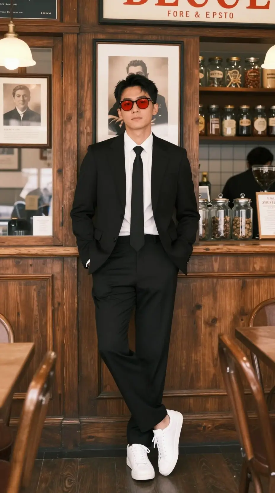 Stylish woman in black jacket posing in vintage cafe