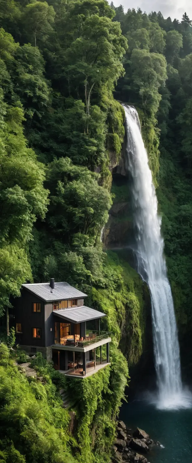 Tiny house above clouds beside forest and waterfall