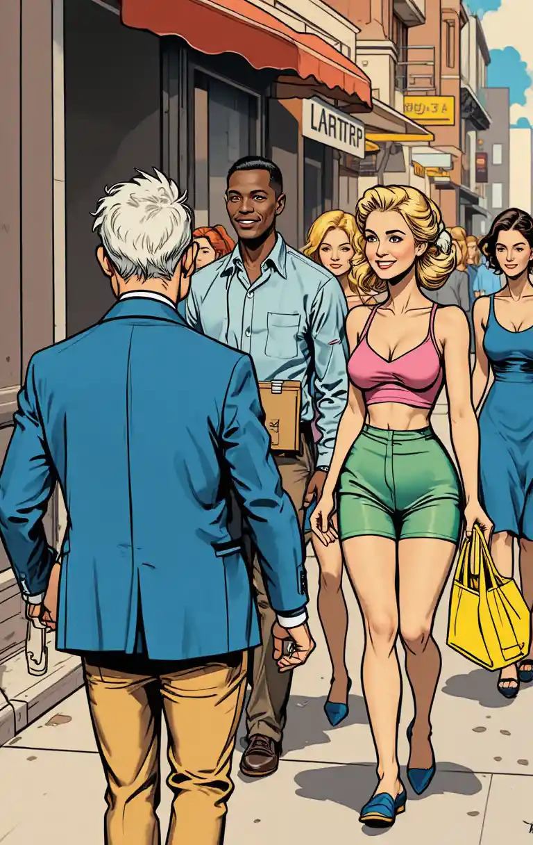 Multitud de cómic vintage caminando por una acera soleada de la ciudad
