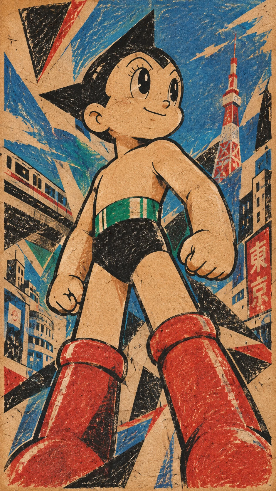 Heroic anime boy standing over 1960s Tokyo skyline