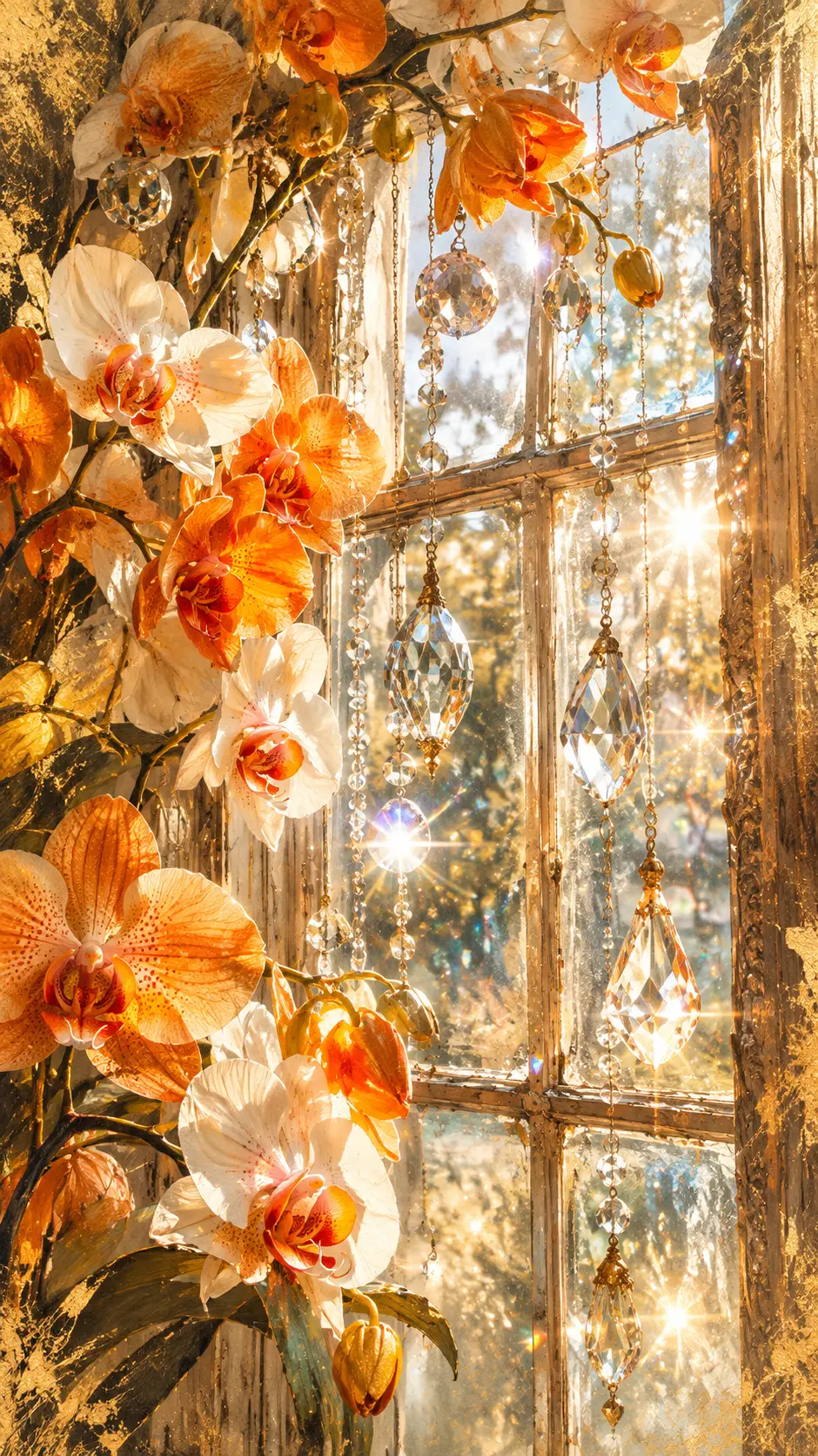 Sunlit orchids and glass crystals at a vintage window