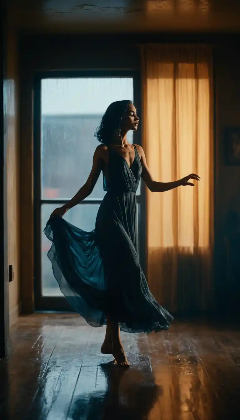 Mysterious woman dancing alone in vintage apartment shadows