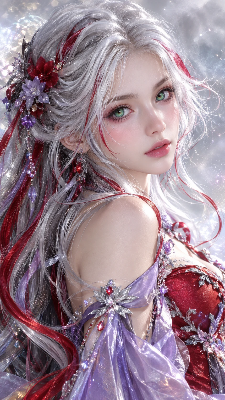 Fantasy girl with silver white hair and vivid colors