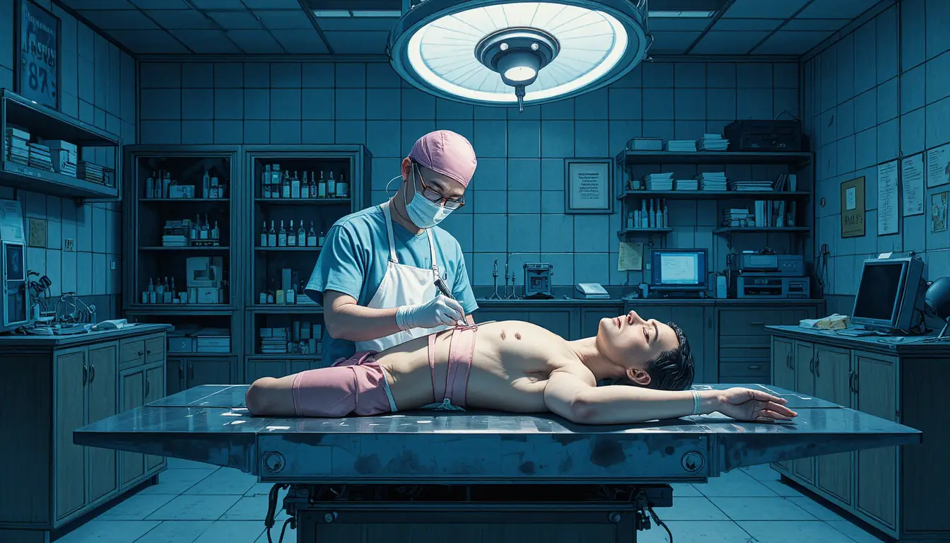 Forensic pathologist examining cadaver under bright surgical lamp