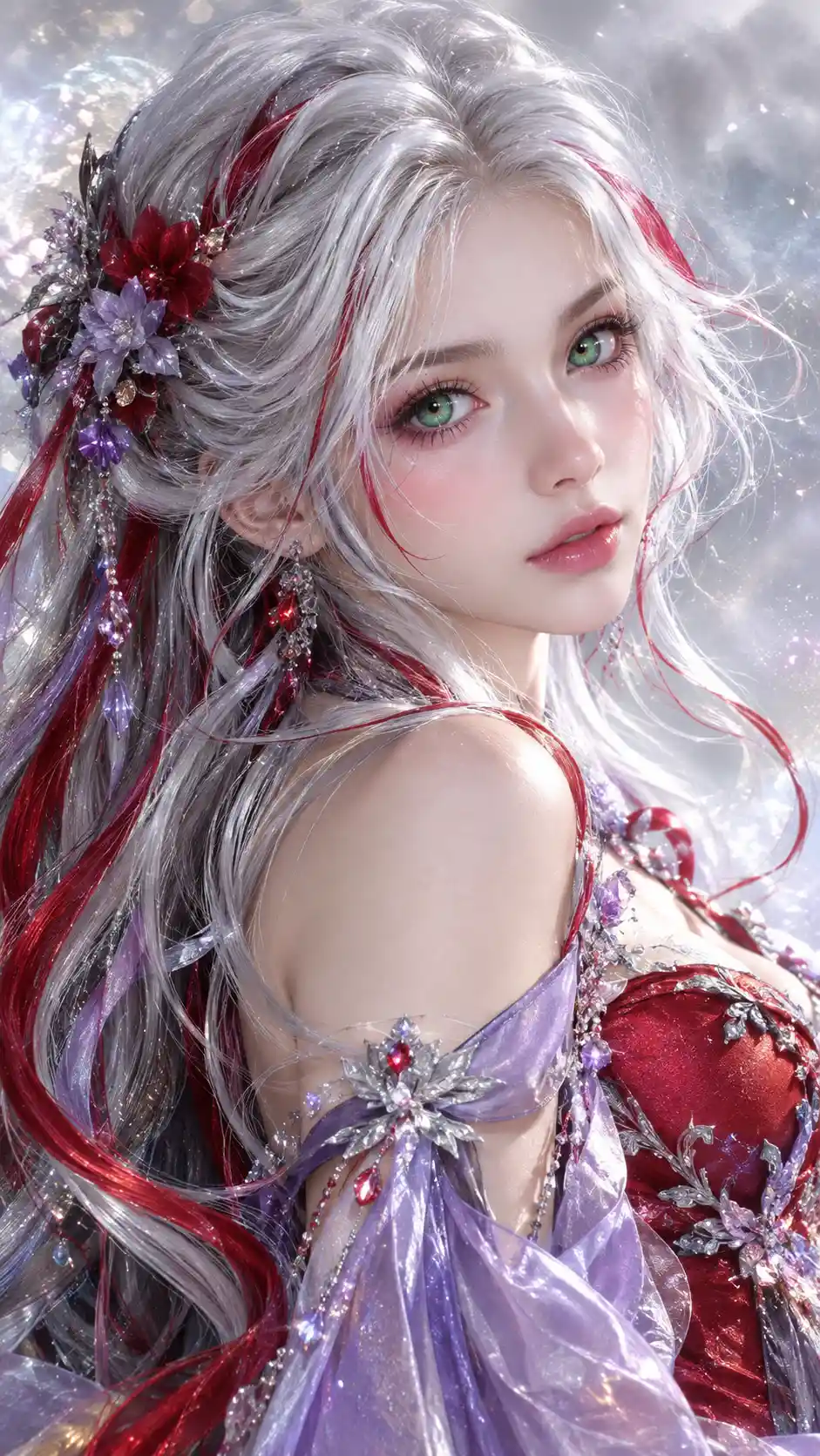 Fantasy girl with silver white hair and vivid colors