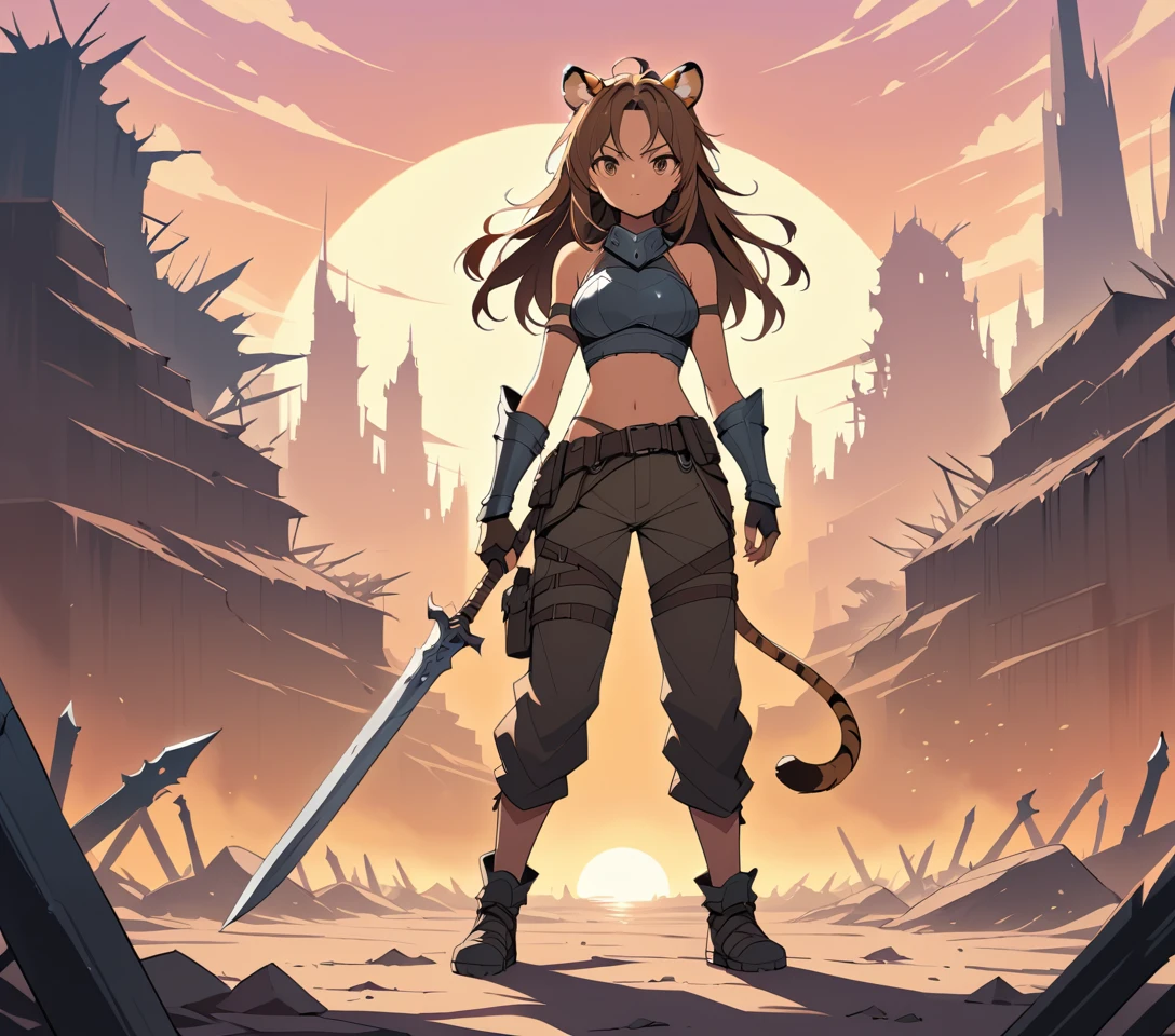 Tiger girl warrior in a ruined fantasy battlefield at sunset