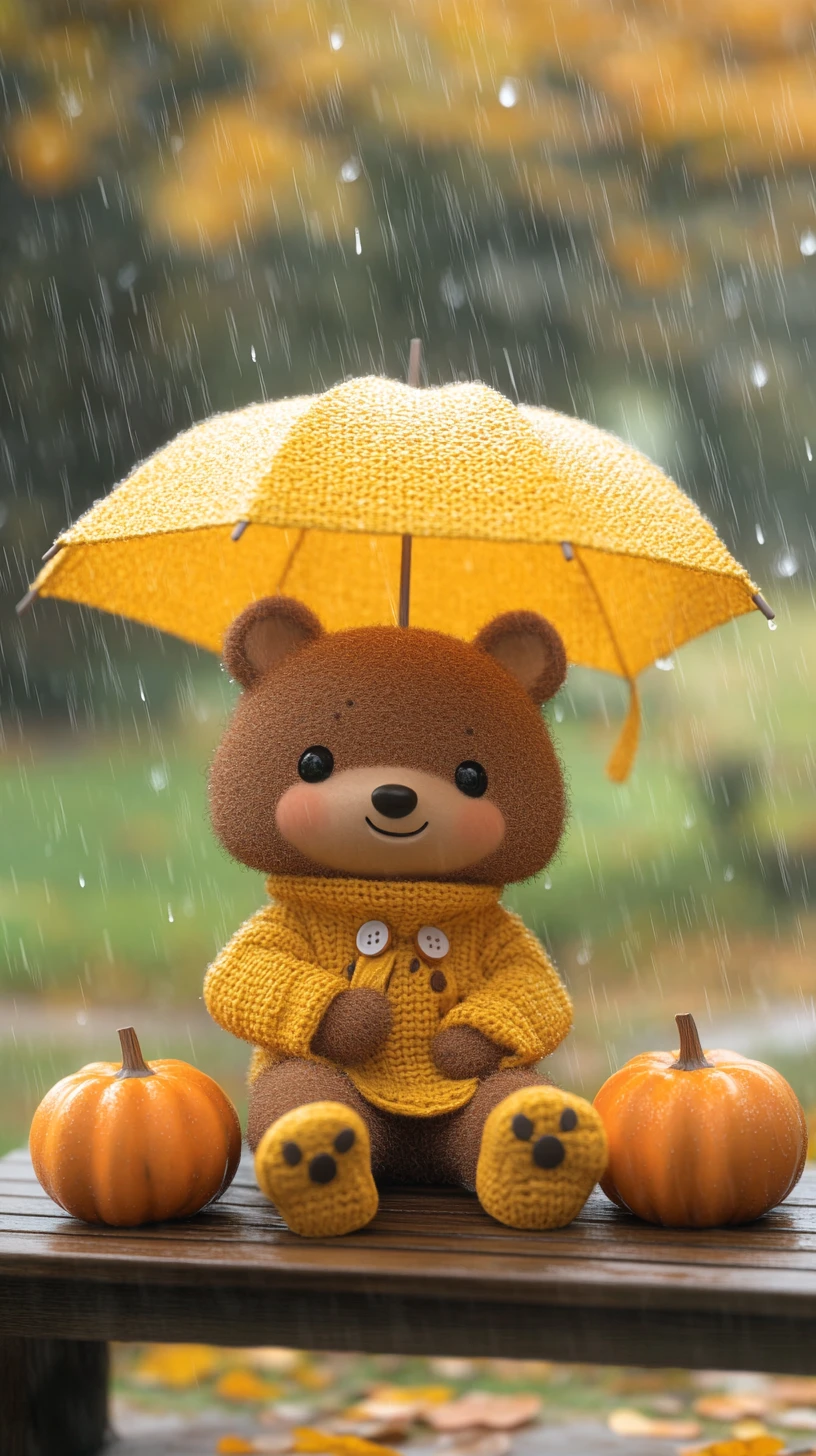 Cute bear on park bench under yellow knitted umbrella