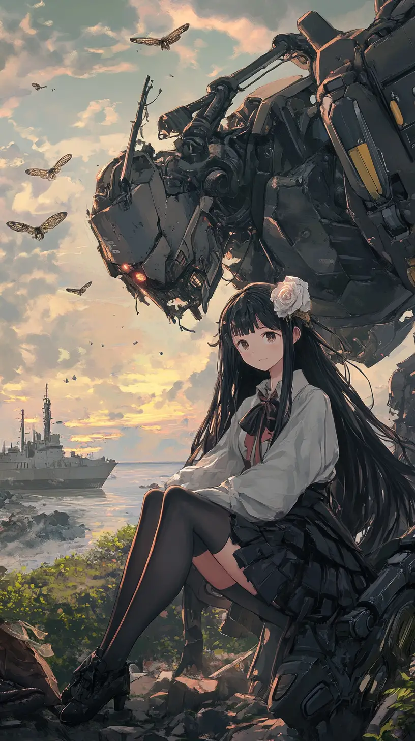 Anime girl on ruined robot at sunrise by the sea
