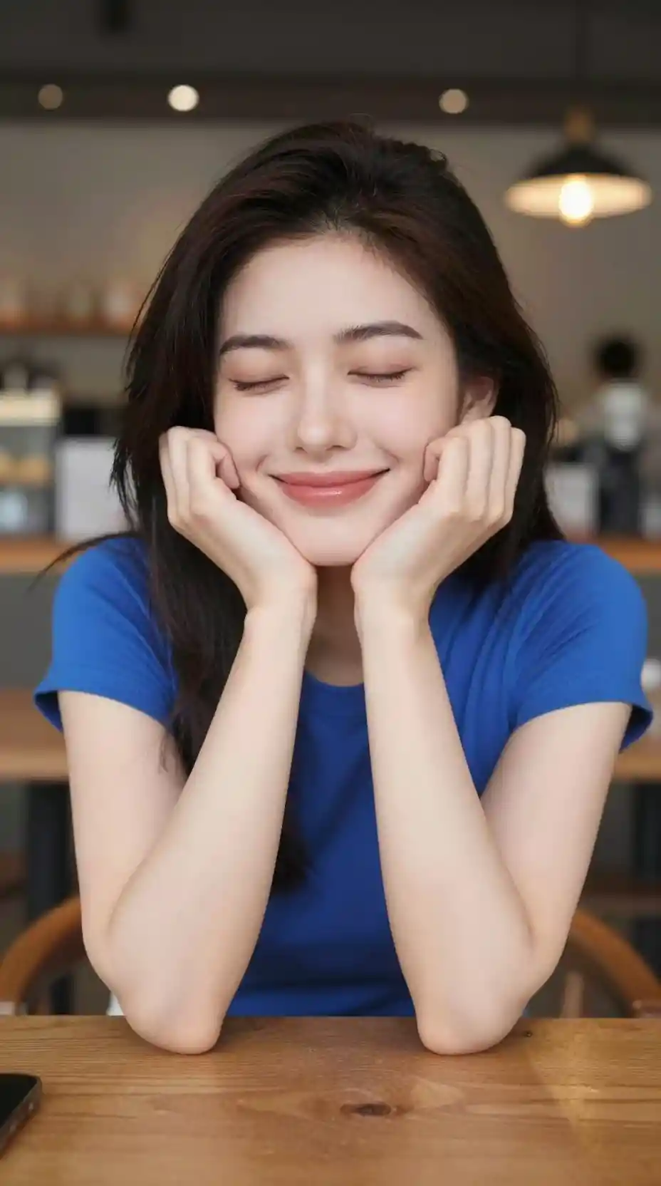 Mujer sonriente con blusa azul relajándose en una cafetería acogedora