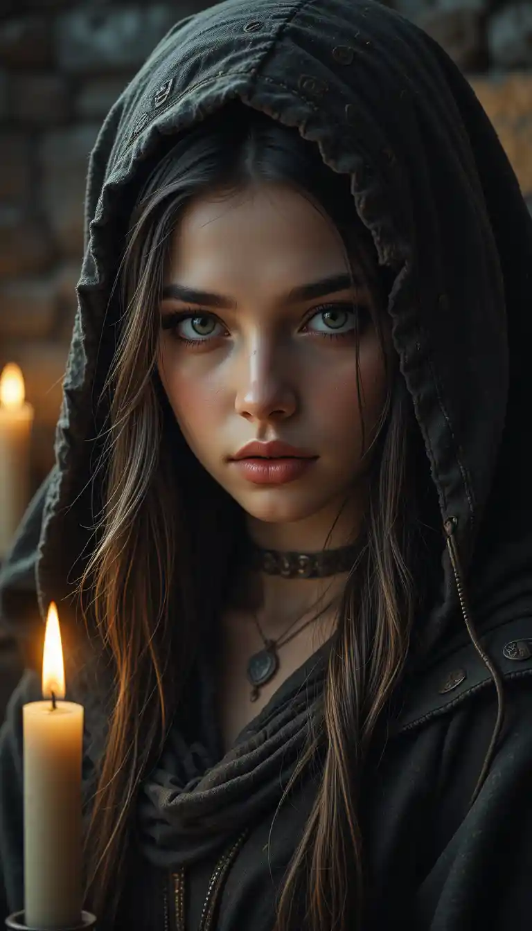 Medieval girl in hooded cloak wearing wooden rune headphones