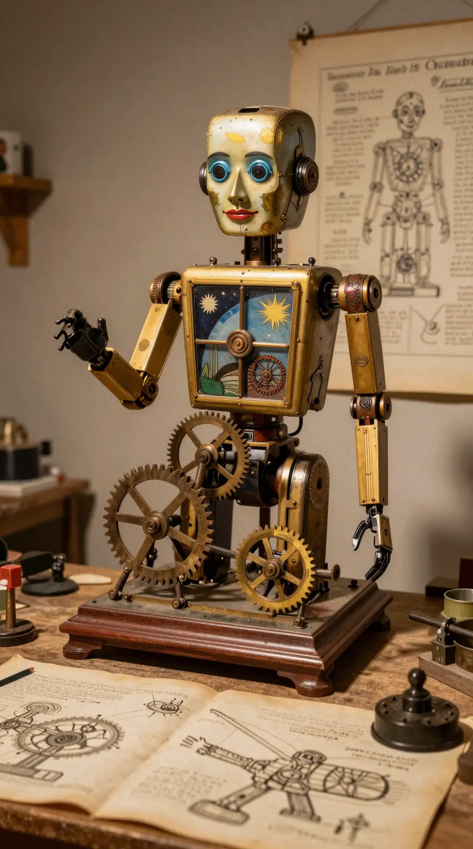 Ancient brass automaton crafting gears from glowing stardust