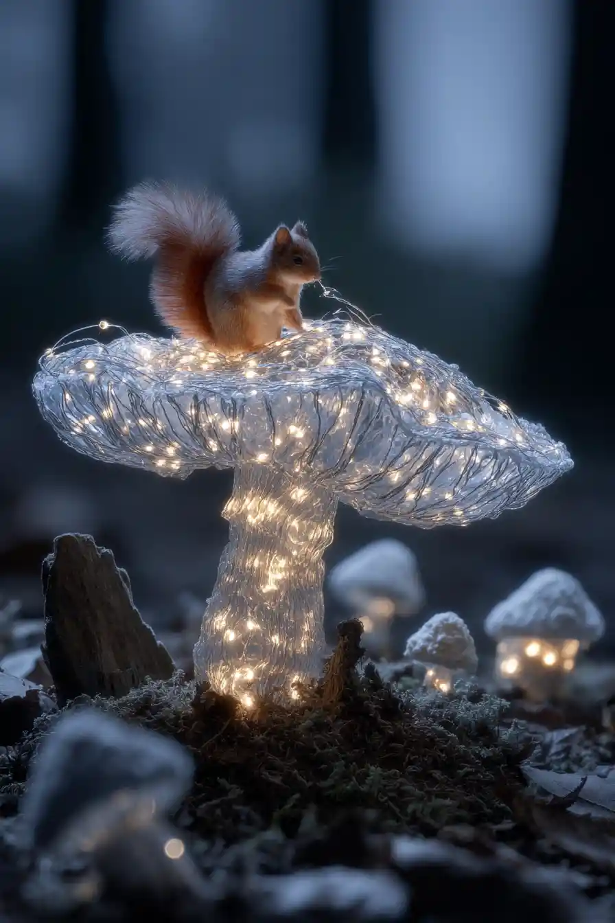 Kleiner Waschbär auf einem riesigen Pilz führt Tiere in der Nacht
