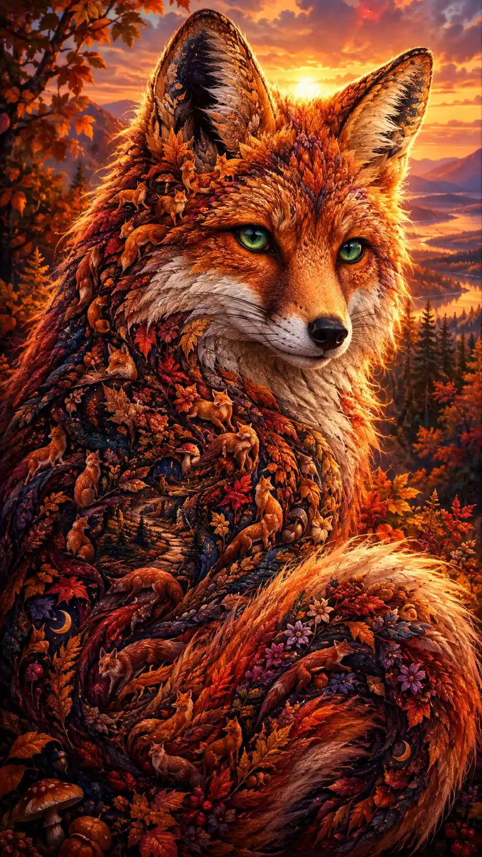 Retrato de zorro rojo brillando ante un atardecer otoñal en el bosque