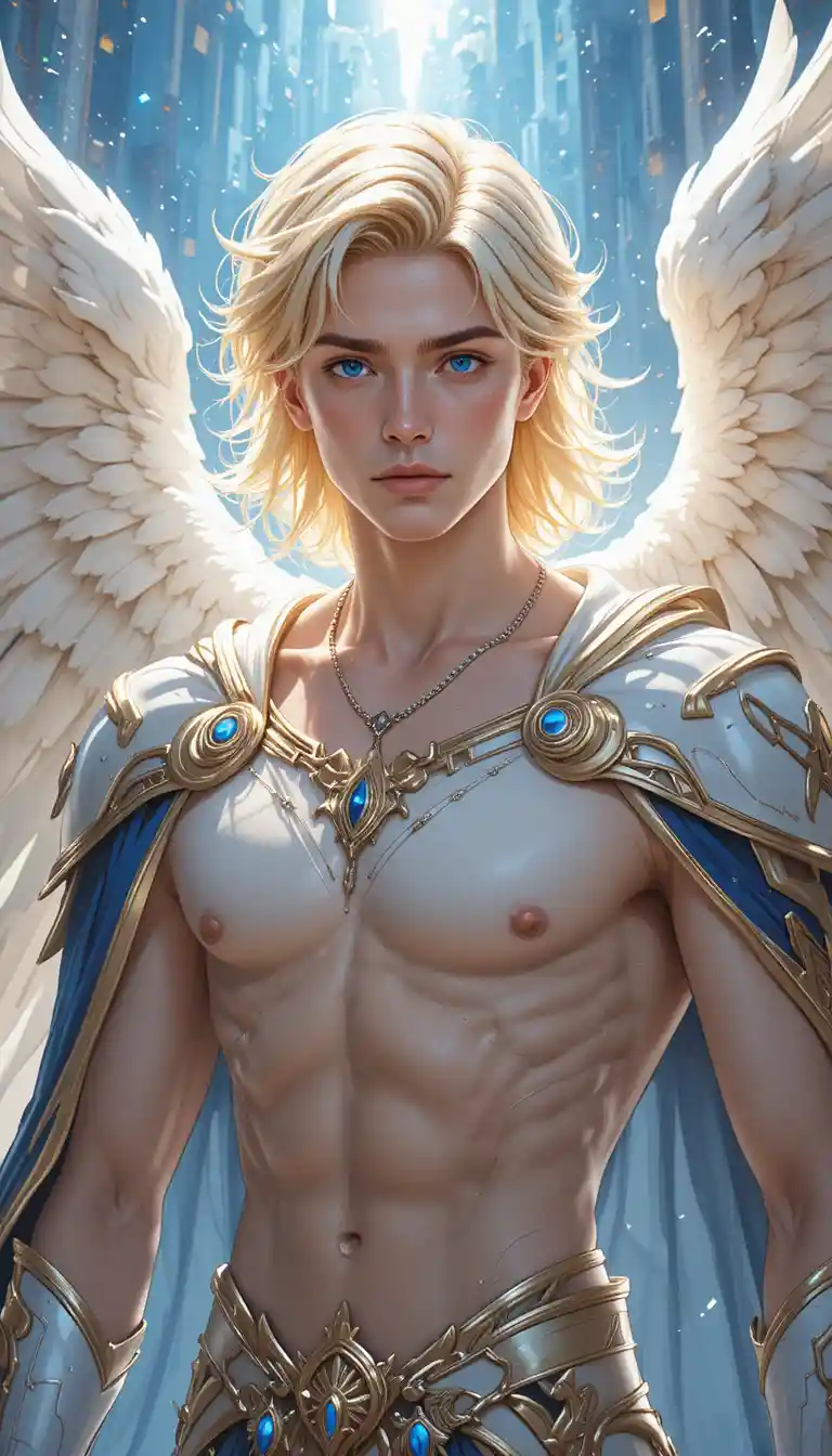 Guerrier d’anime ailé en armure blanche et dorée de feca