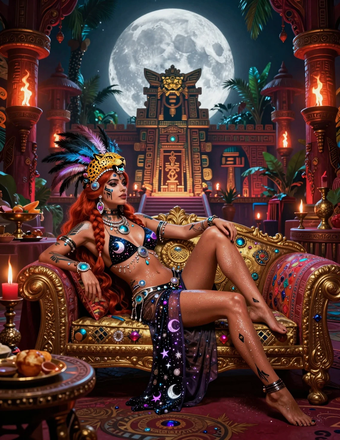 Sensual princesa pelirroja de la luna reclinada en un templo azteca