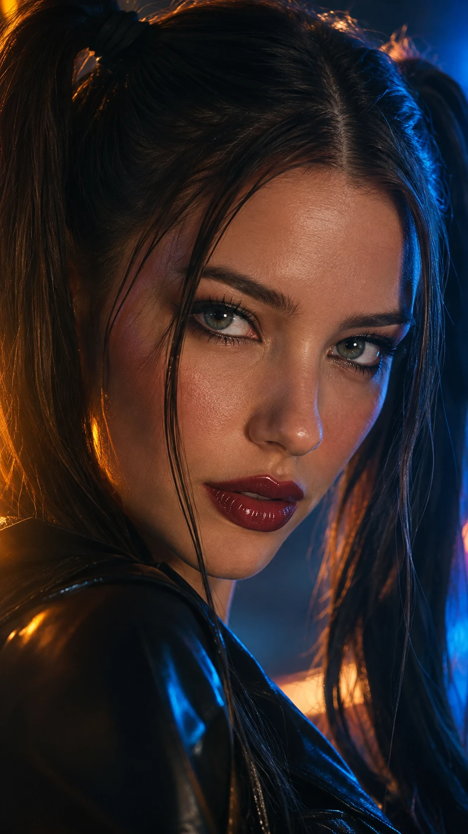Cinematic close up portrait of a mysterious adult woman
