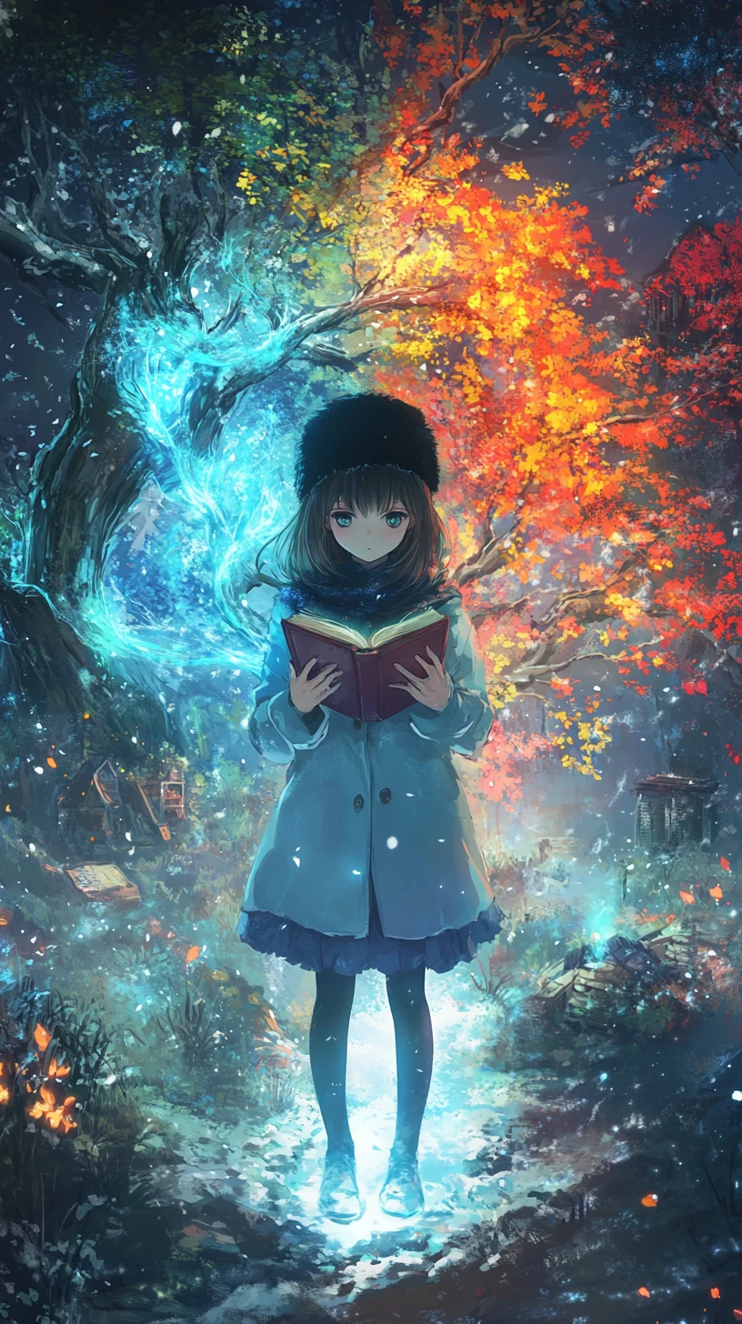 Chica de anime leyendo un libro entre mundos de vida y ruina