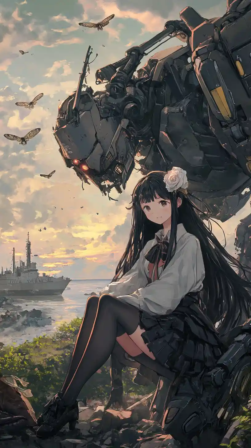 Ragazza anime su robot distrutto all'alba in riva al mare