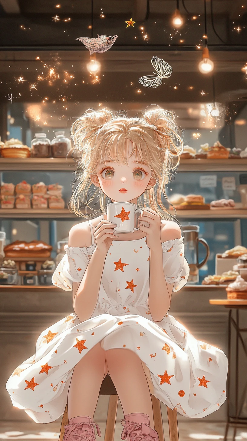 居心地の良いカフェで空想にふけるかわいいアニメ風の女の子