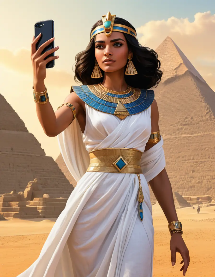 Princesa egipcia tomándose una selfie frente a pirámides lejanas en el desierto