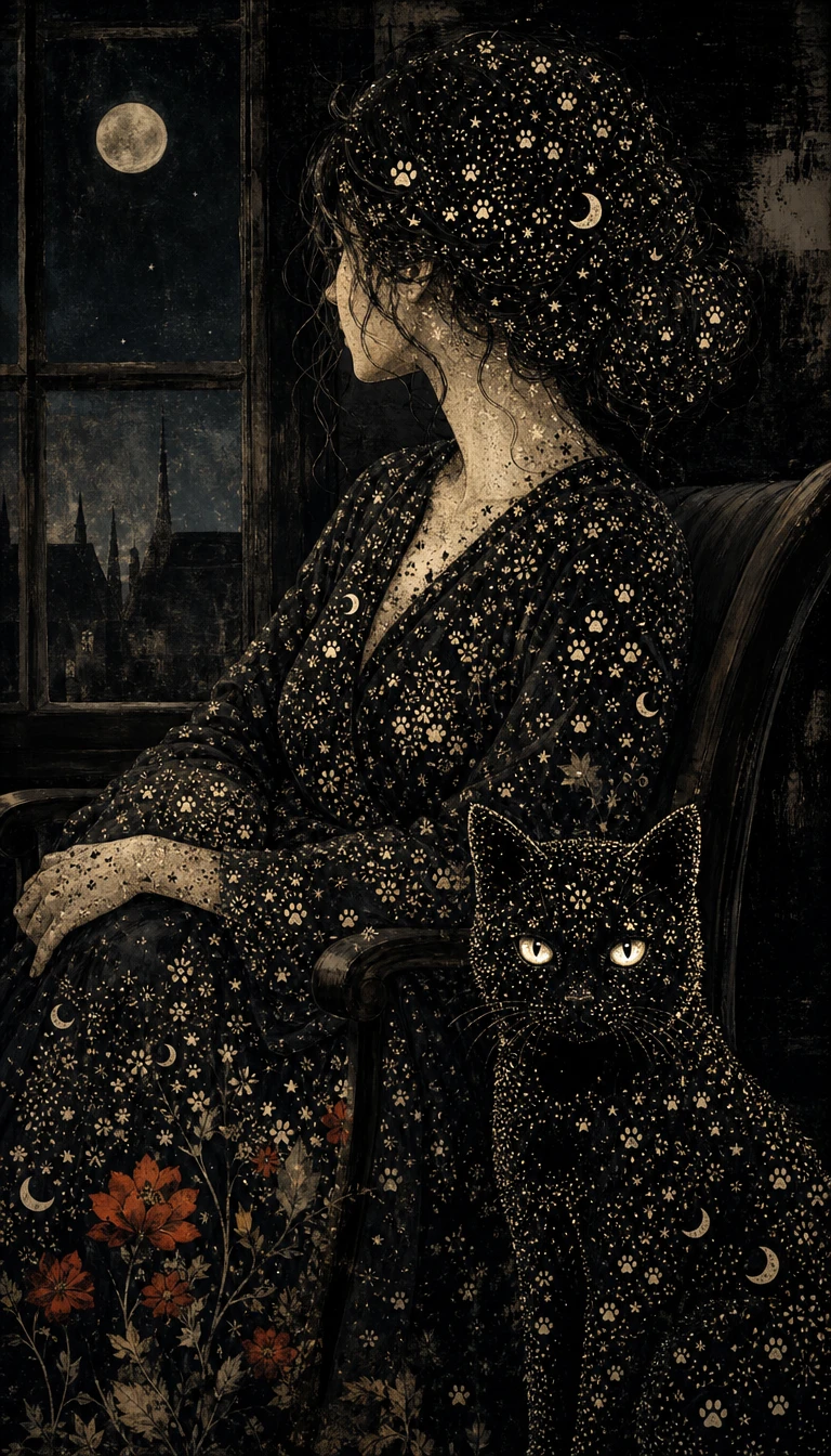 Woman sitting alone at night with a watching black cat