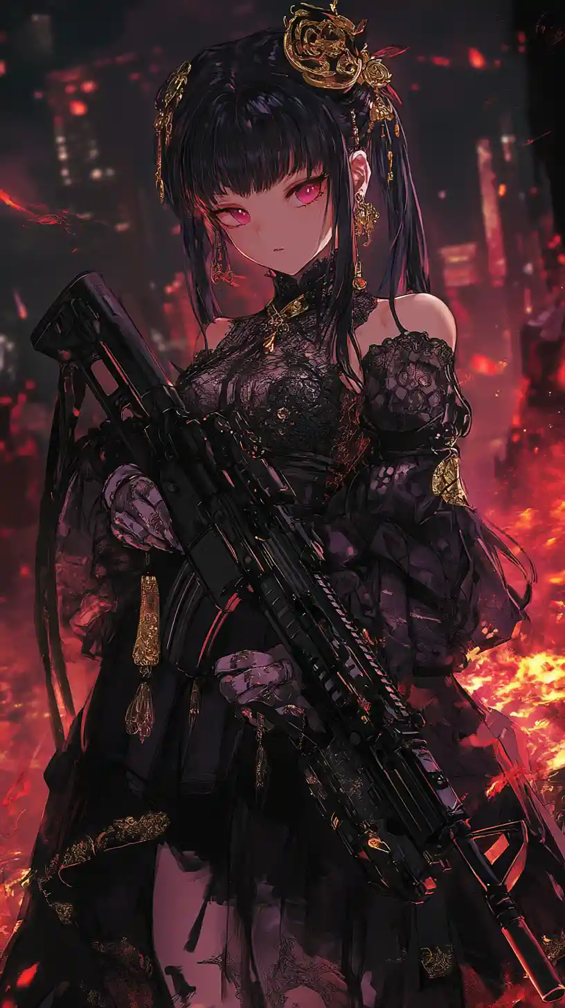 Ragazza anime che mira con un fucile in una zona di guerra cyberpunk al neon