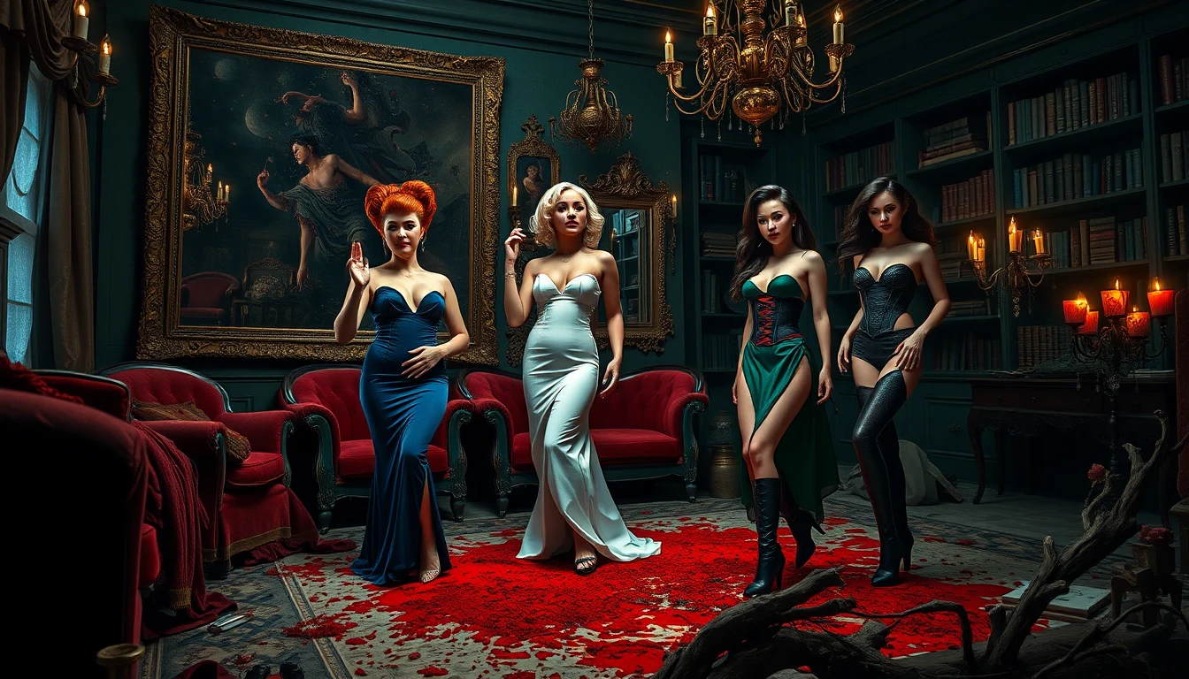 Tres mujeres elegantes en un boudoir oscuro y surrealista